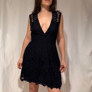 Free People Black Lace Plunge Mini Dress